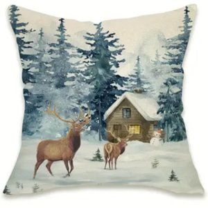 NEW CHRISTMAS WATERCOLOR TREE DEER/BUCK SNOWY CABIN LINEN BLEND PILLOW COVER 18"